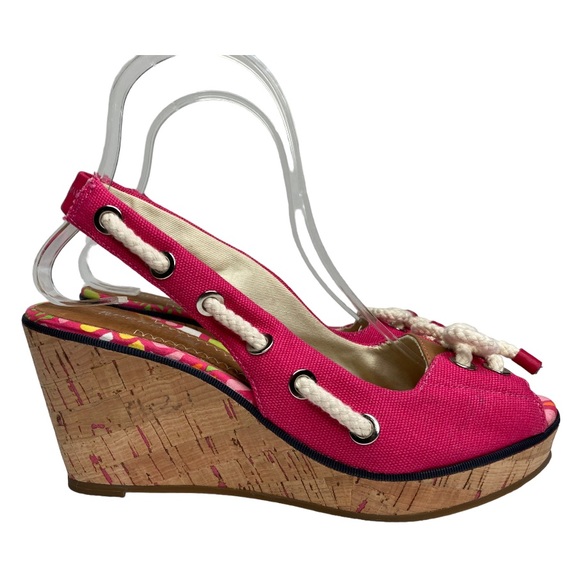SPERRY Pink & White Cork Top Sider Peep Toe Slingback Bow Tie Wedges, 7.5 - Picture 2 of 10
